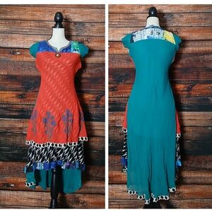 NWT Taruni Silk Midi Dress L Beaded Layered Hi Low Hem Bohemian